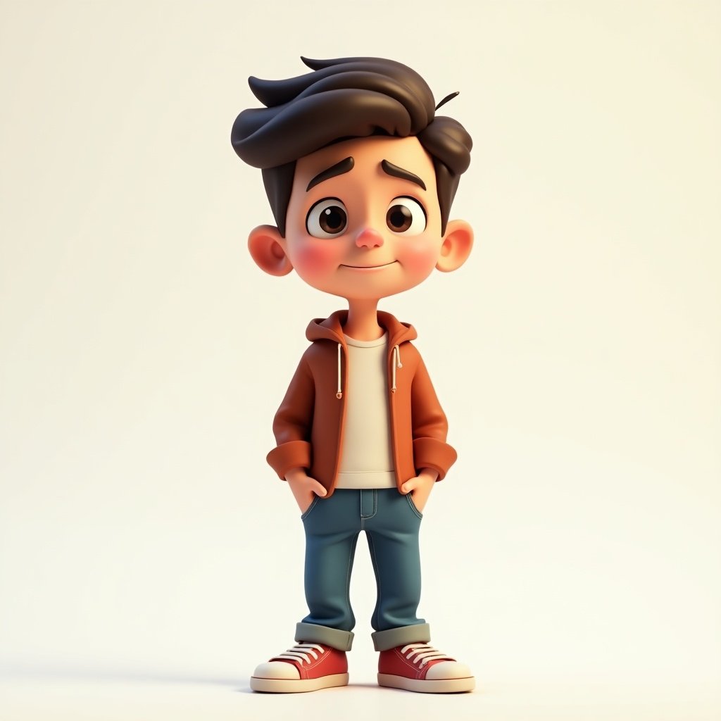 3D cartoon character of a teenage boy with cheerful expression dressed in casual clothing and relaxed pose.