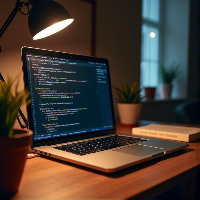 A cozy workspace features a laptop displaying code, illuminated by a desk lamp, with potted plants and a book on a wooden table.