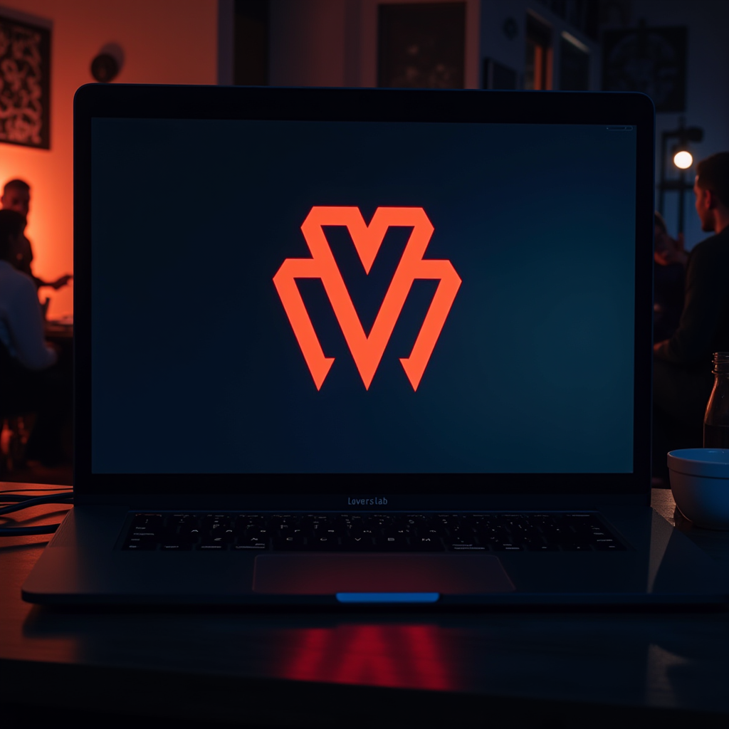 A laptop screen with a red abstract logo, set in a dimly lit room with people in the background.