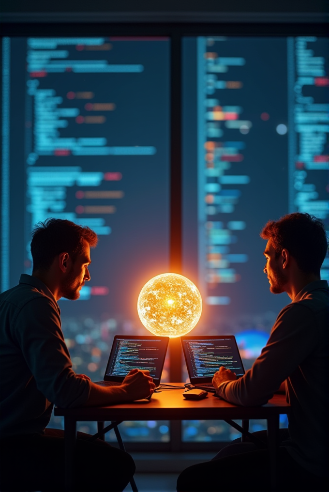 Two people working on laptops with code, illuminated by a glowing orb in a dim room.