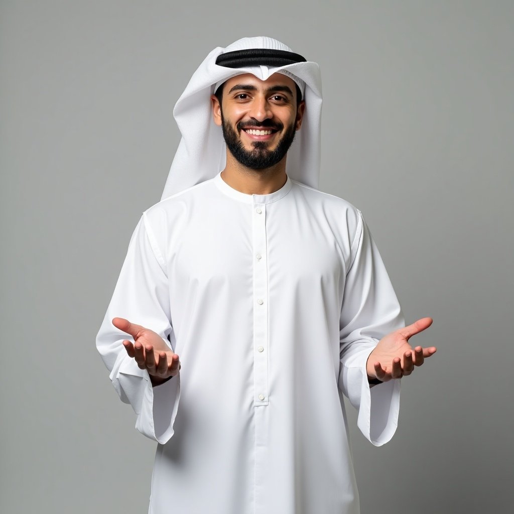 Portrait of a man dressed in traditional white Arab clothing. He is confidently presenting something. The background is neutral gray. His hands are open, palms facing outward. He smiles gently. Lighting is even and natural. Details of the garments are highlighted. Soft shadows emphasize the garments' folds. His expression is thoughtful and warm. The color palette is muted, mainly white. The textures of the garment are smooth and flowing. The camera position is almost directly facing him. The style is realistic. The mood is neutral.