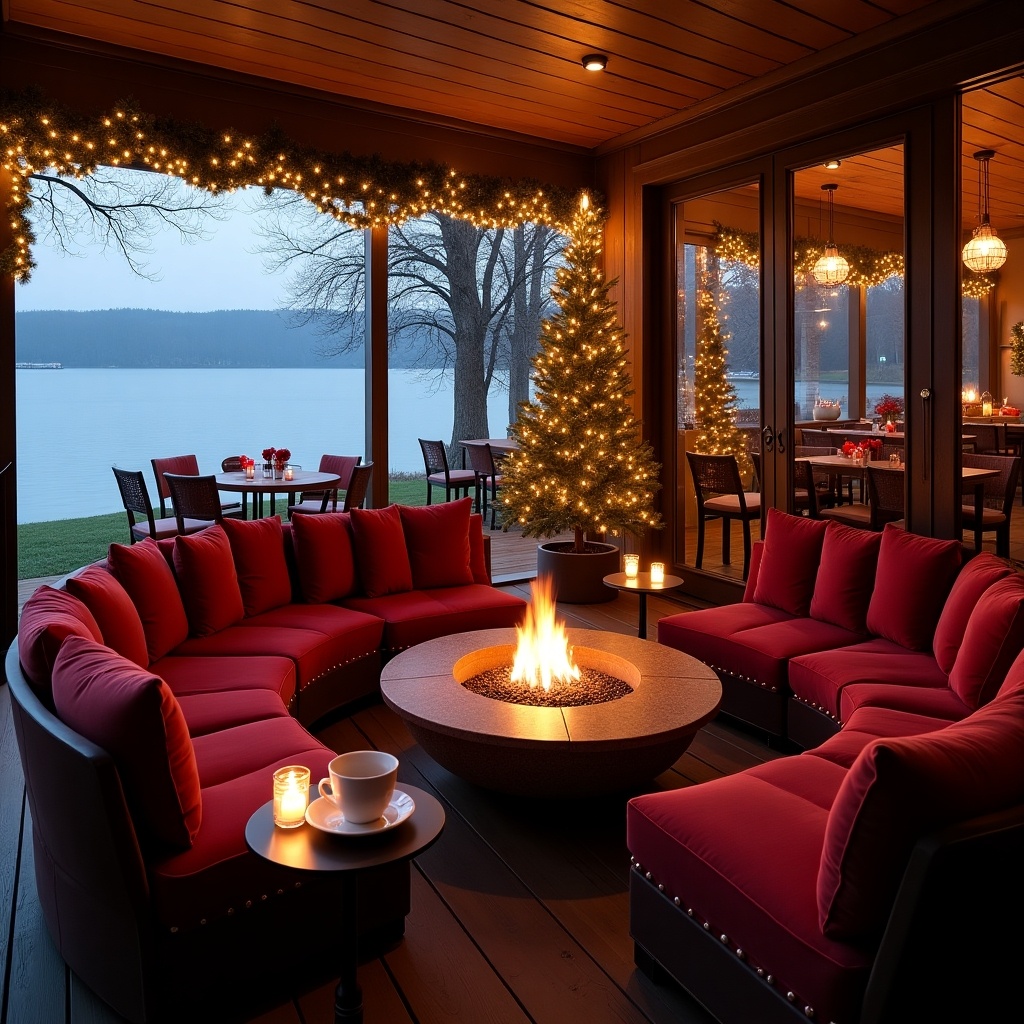 A dreamy Christmas atmosphere. A luxurious maroon themed lakeside cafe. A wooden porch with a round fireplace in the center. A sofa set arranged around the fireplace. Steaming coffee cups and glowing candles on tables. A tall Christmas tree with lights behind the sofas. Indoor cafe visible through glass doors. Sparkling LED lights decorate the area.