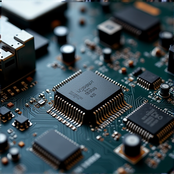 A detailed close-up of a computer circuit board with microchips and electronic components.