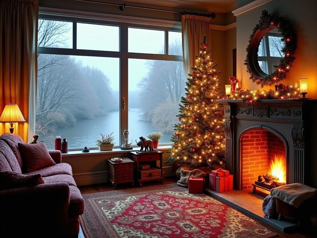 This image depicts a cozy living room decorated for Christmas during a winter storm. A beautifully lit Christmas tree stands in the corner, enhancing the warm ambiance. The room features a brick fireplace with a crackling fire. Large windows offer a view of a foggy river surrounded by trees in winter. Festive decorations create a welcoming atmosphere, perfect for the holiday season.