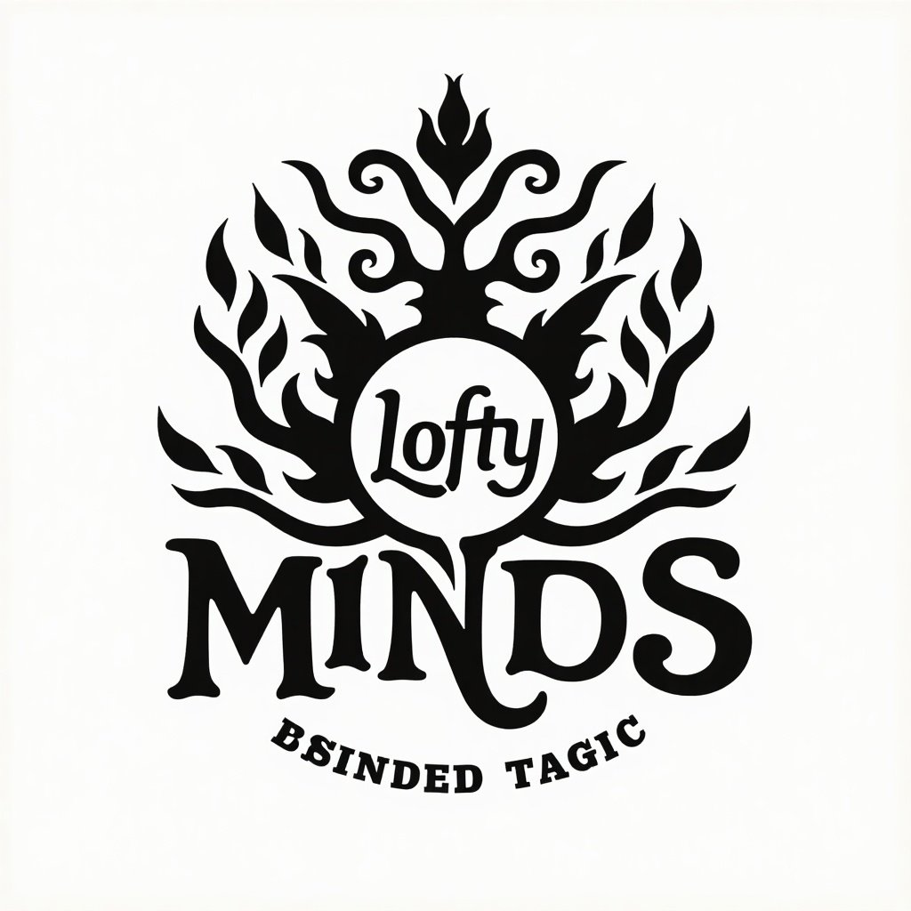 Logo design for Lofty Minds shows a creative tree symbol with bold lettering. The logo is in black and white.