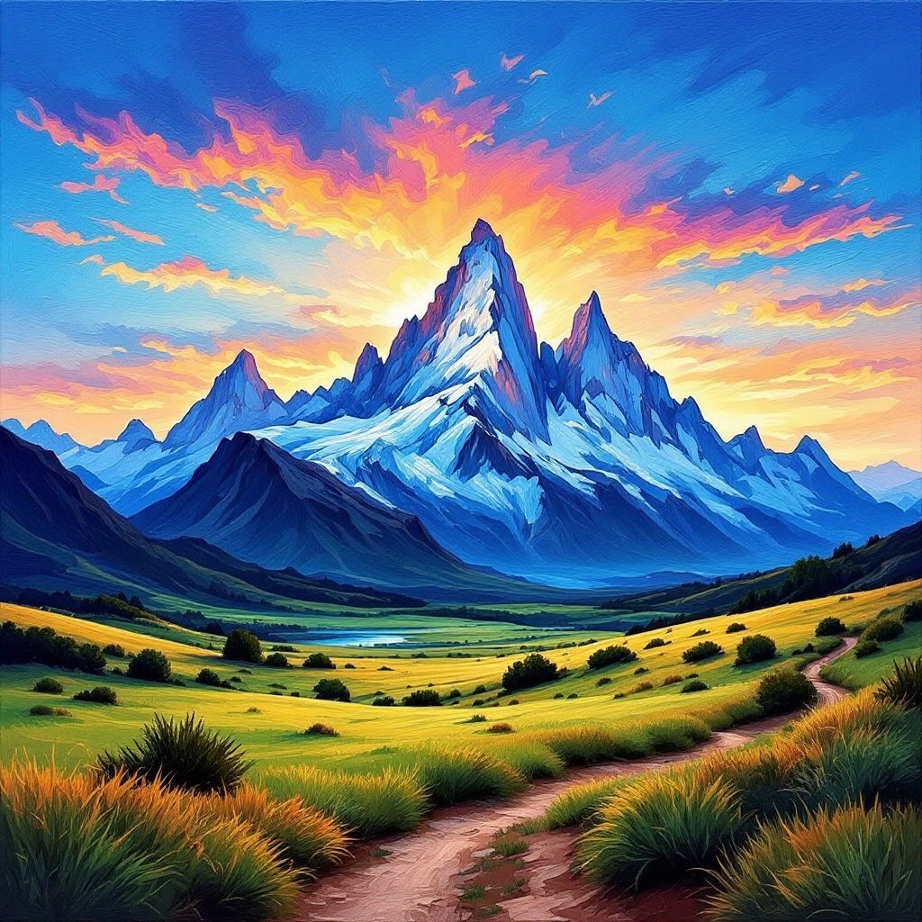 Artwork showcases an imaginary landscape featuring mount Fitz Roy in Patagonia with Ariel Lee painting style. Features vibrant sunset transitioning colors. Surrounded by mountains and green fields. Evokes tranquility of nature.