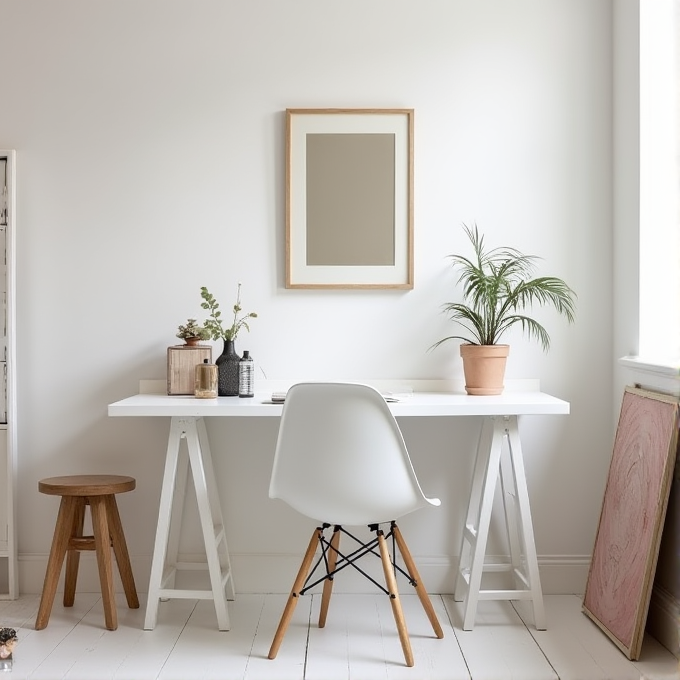 A clean and minimalist workspace featuring a white desk, a mid-century modern chair, and a collection of potted plants adding a touch of greenery.