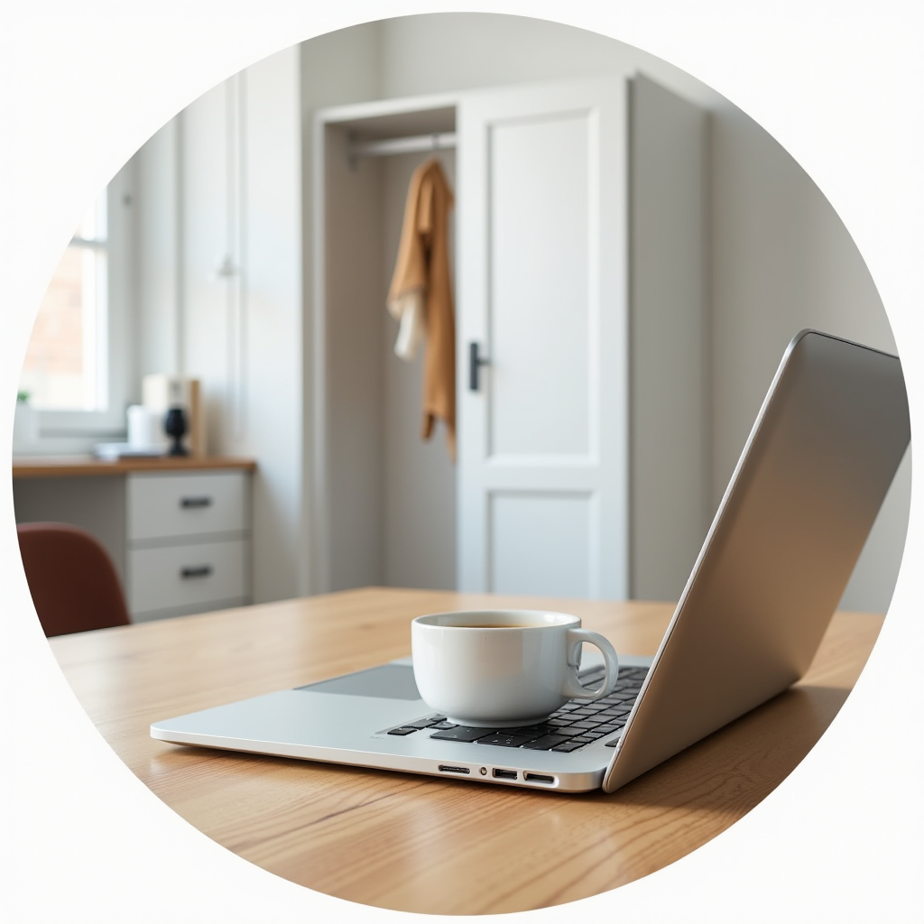 A white coffee cup sits on a laptop in a minimalist home office with a warm atmosphere.