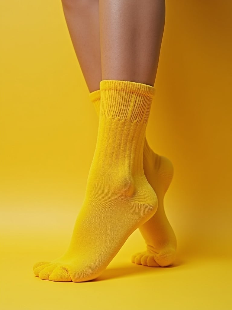 The image shows a female foot wearing vibrant yellow socks against a solid yellow background. The socks are knee-high and have a ribbed texture. The toes of the sock are separated, showcasing a unique design. The image is well lit, emphasizing the bright color and smooth texture of the fabric.