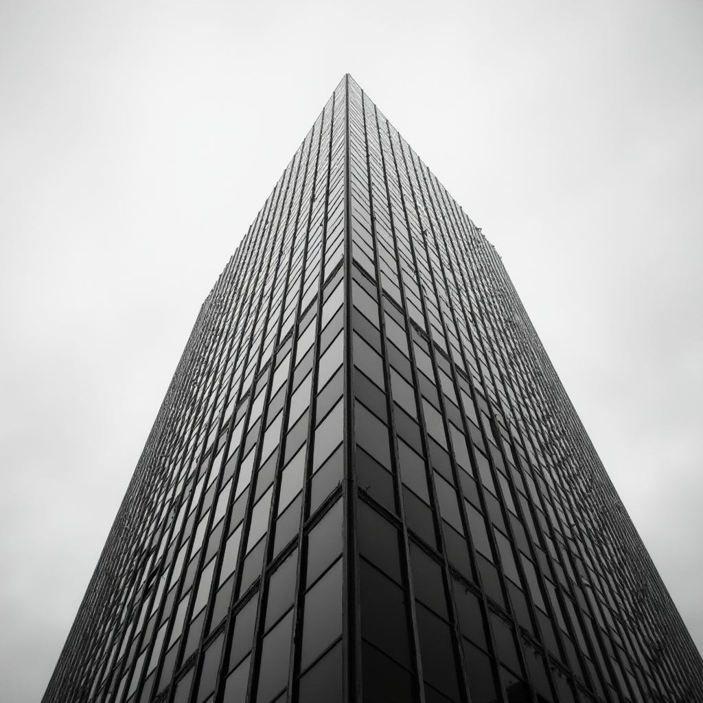 A black and white photograph of a towering glass skyscraper shot from a low angle against a cloudy sky.