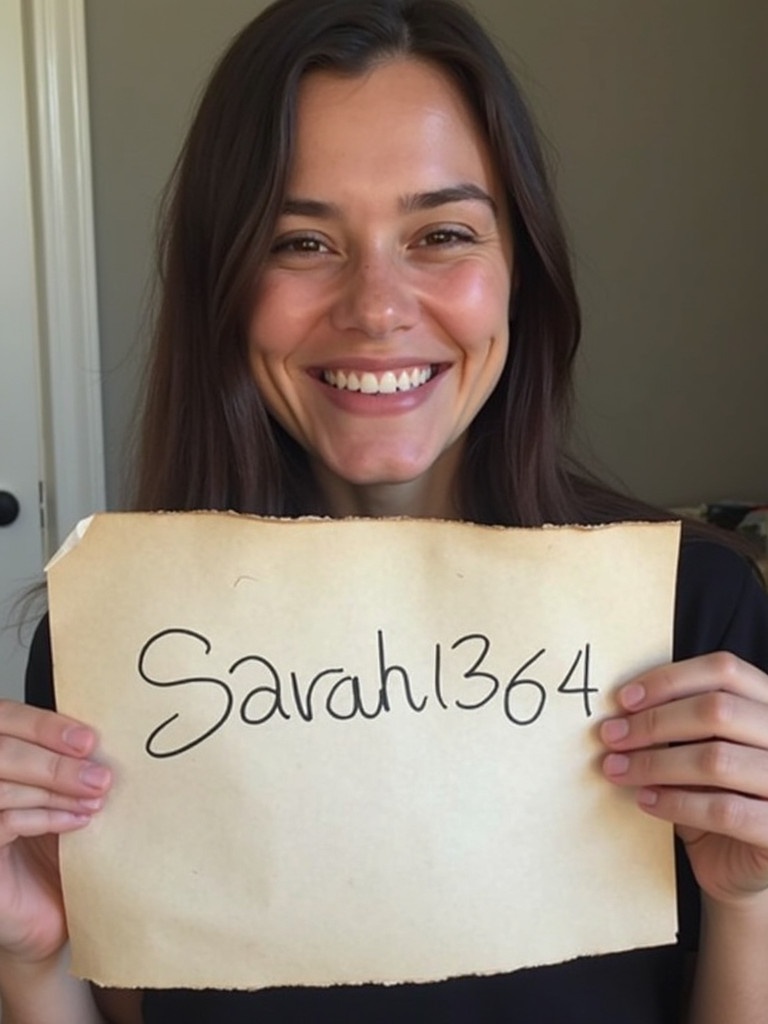 A person smiles while holding a piece of paper. The paper shows the handwritten name sarah1364. Only right arm and hand are fully visible.