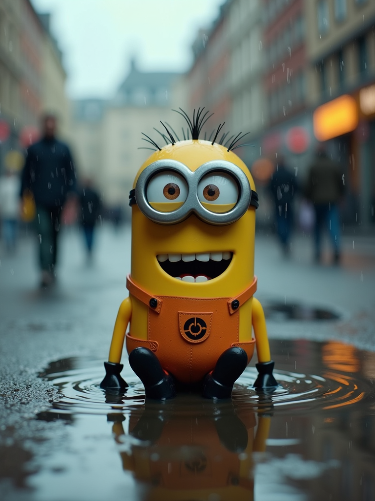 A cheerful character with goggles and overalls sits in a puddle on a rainy city street, surrounded by blurred, strolling pedestrians.