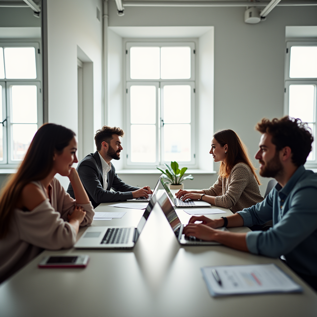 Four people are sitting at a table, working on laptops in a bright office setting.