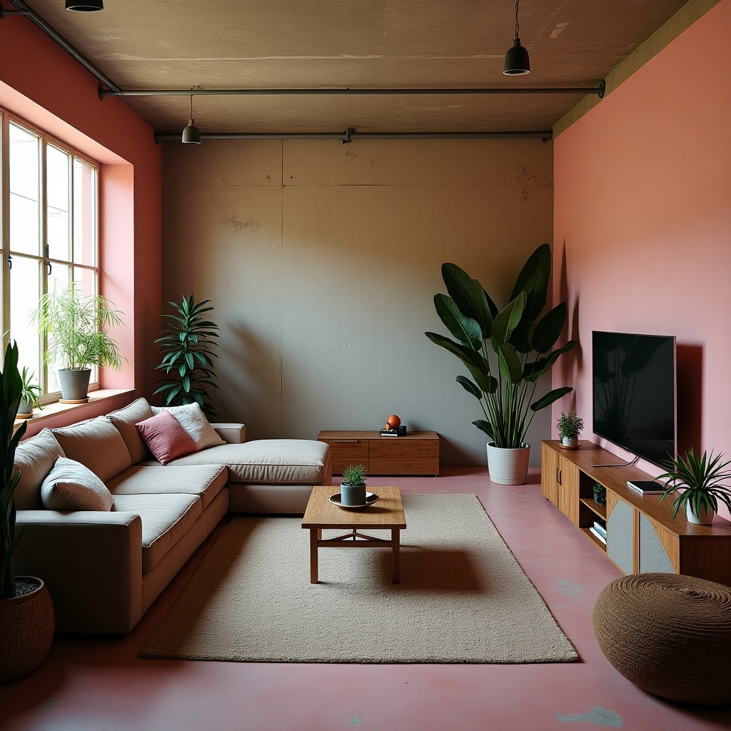 Living room interior design. Light pink walls. Couch with cushions. Wooden table and TV. Various indoor plants. Concrete wall texture.