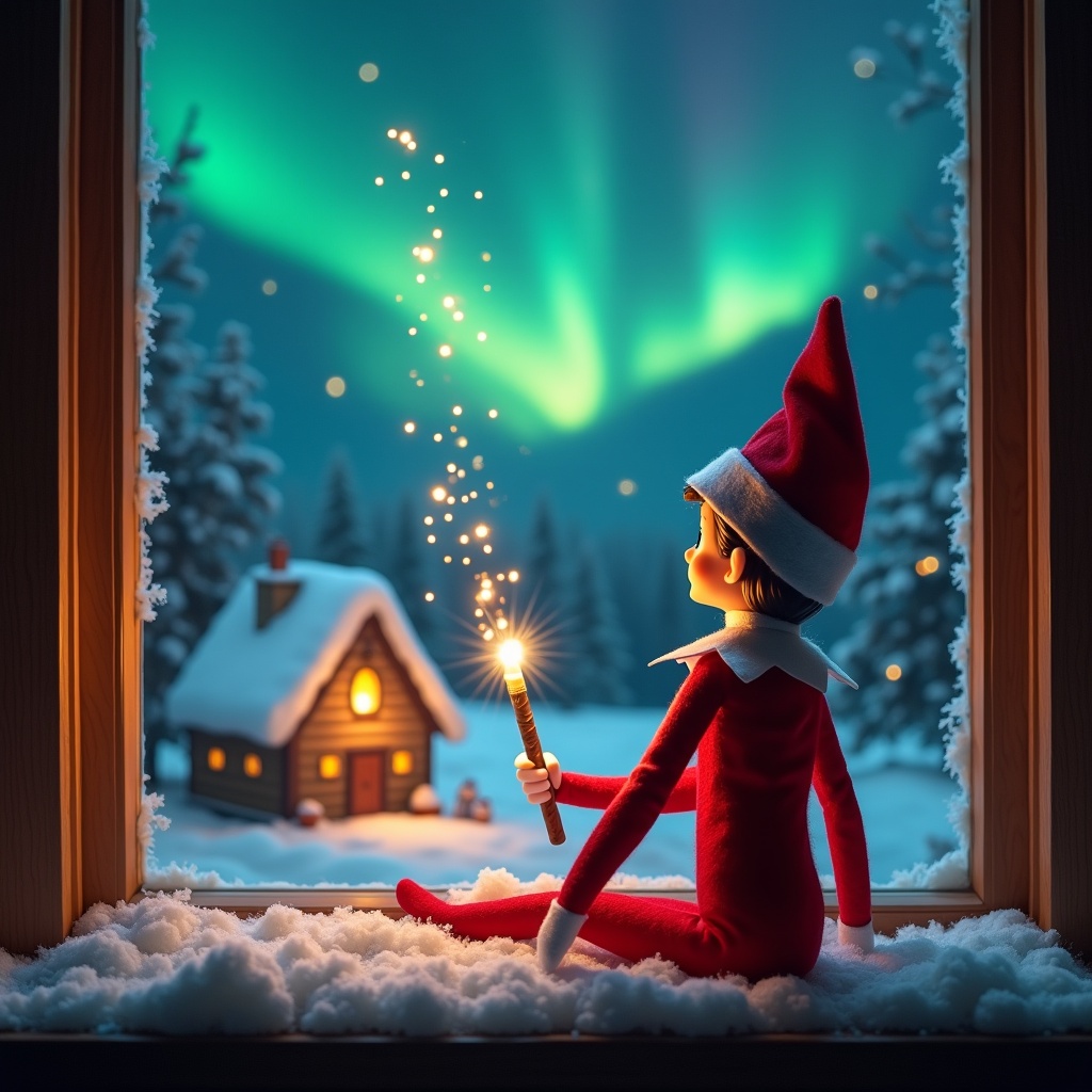 Elf on the shelf sits with its back to viewers. Elf gazes skyward holding a glowing wand. Charming Christmas scene with northern lights and cozy house. Snow covers the ground. Elf embodies magic and wonder of Christmas. Name ‘Josh, Enzo & Laila’ appears from wand.