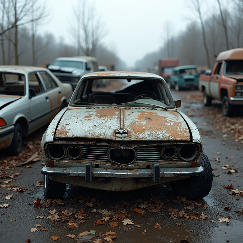 An old, rusty car sits abandoned on a leaf-covered road amidst other vehicles on a foggy day.