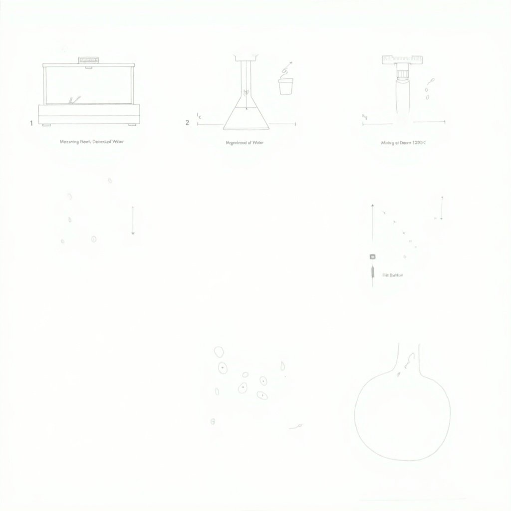 Illustration showing preparation of polyvinyl alcohol solution. Includes measuring ingredients PVA powder and deionized water. Mixing in a beaker on a stirrer. Heating on a hot plate with thermometer. Stirring for 30-60 minutes. Cooling to room temperature. Displaying final PVA solution ready for electrospinning. Labels for each step with technical terms.