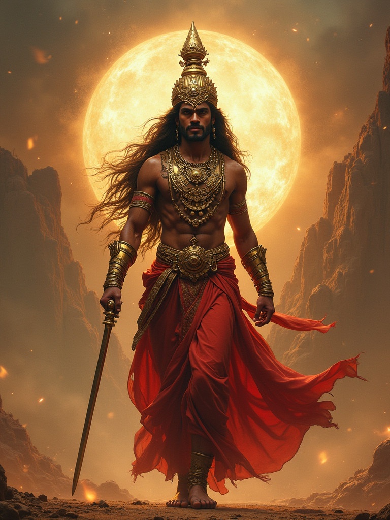 A majestic warrior figure stands confidently in front of a large golden moon. He wears intricately designed armor and jewelry. The background shows rugged mountains and a dramatic sky. Flowing red fabric wraps around him. Finely detailed, strong and powerful presence.