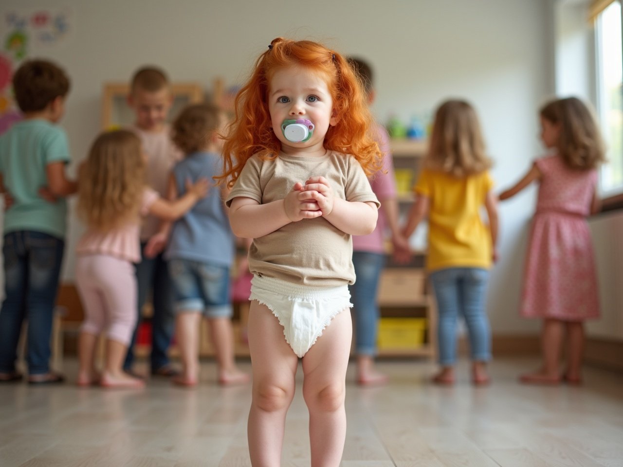 This image shows a young girl approximately seven years old with long, curly red hair. She is wearing a diaper under a beige t-shirt and has a pacifier in her mouth. The setting appears to be a daycare with several other children in the background engaged in a playful activity. The background children are not in focus, emphasizing the girl in the front. The overall atmosphere is cheerful and vibrant, with bright natural light illuminating the space.