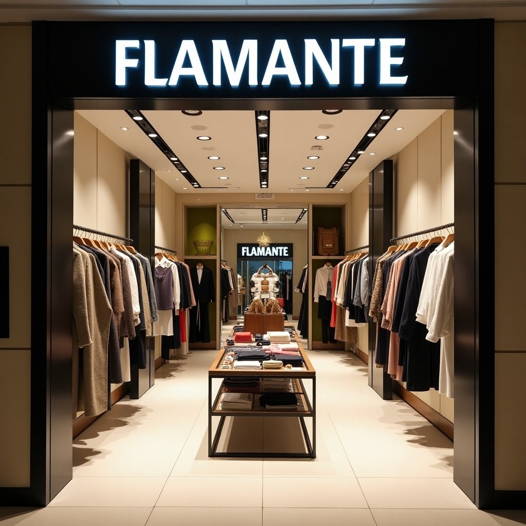 Stylish fashion store displaying elegant clothing under the FLAMANTE brand logo. Features a central display table with a variety of clothing and accessories arranged attractively.