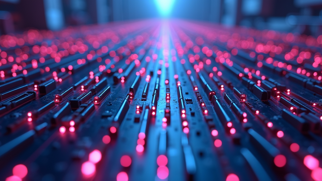 A futuristic scene depicting a vast array of glowing red lights on a circuit-like surface, resembling a digital roadway vanishing into a bright blue horizon.