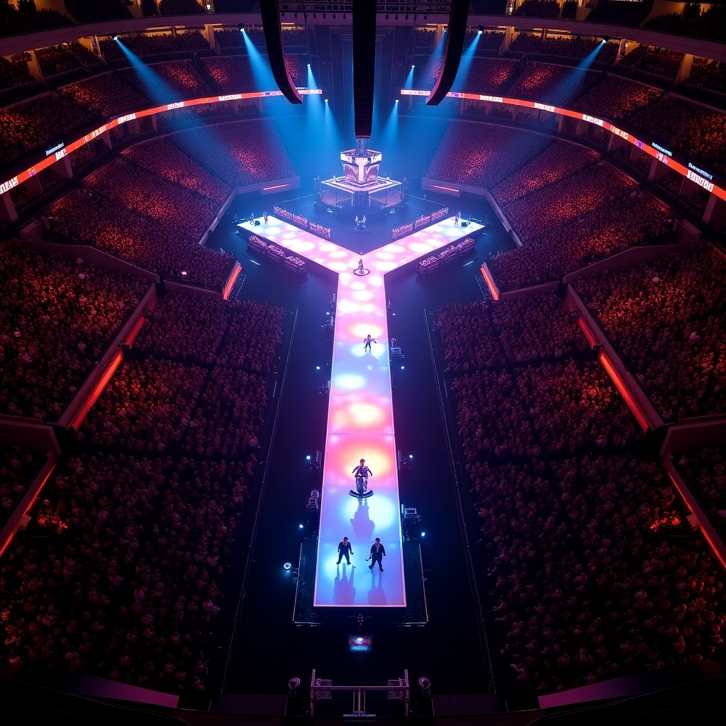 Concert stage layout viewed from above. T-shaped runway brightly lit in blue and pink colors. Large crowd in an arena.