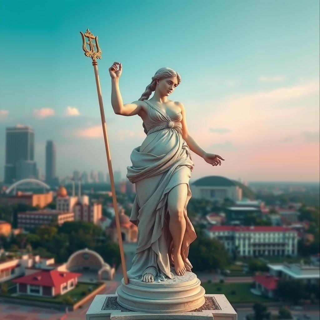 A classical sculpture of a woman with a crown, holding a regal staff, overlooks a sprawling cityscape at sunset.