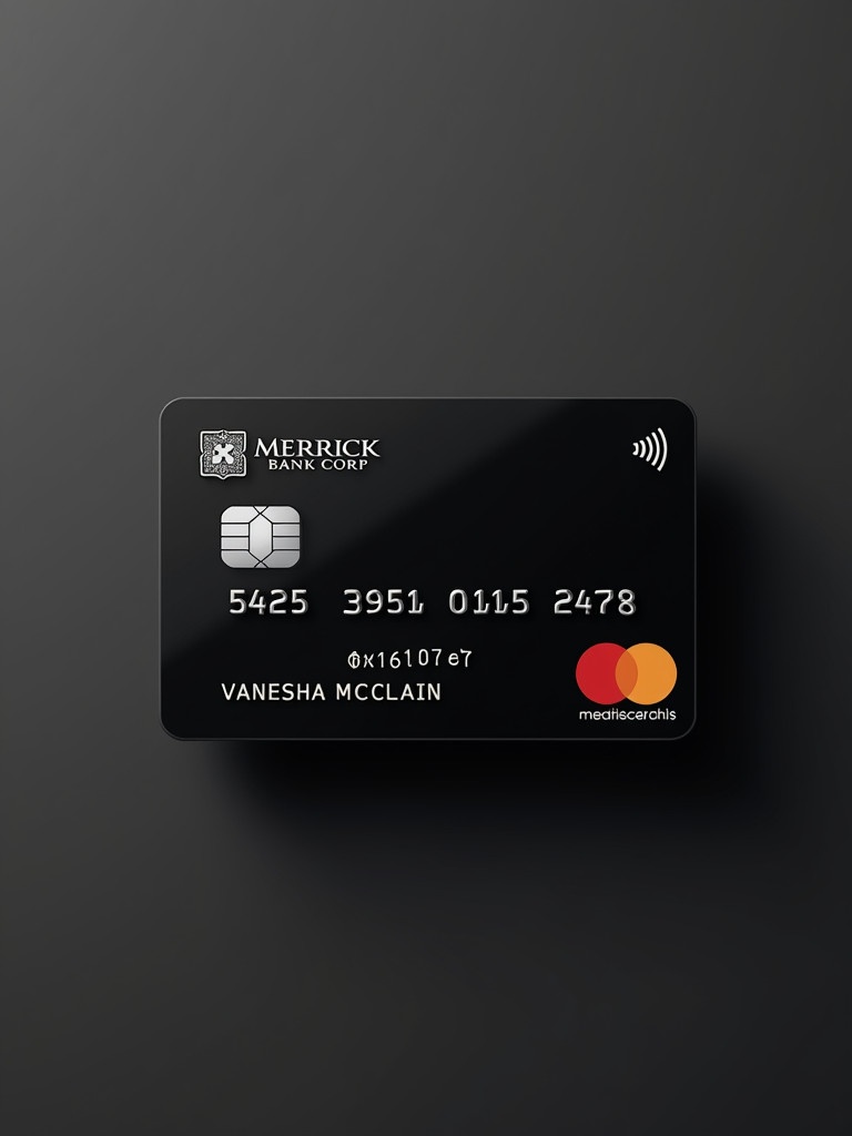 Black realistic virtual Mastercard showing silver letters and the Merrick Bank Corp logo. Cardholder name is Anesha McClain. Card number is 5425 3951 0115 2478 with expiration date of 06/27.