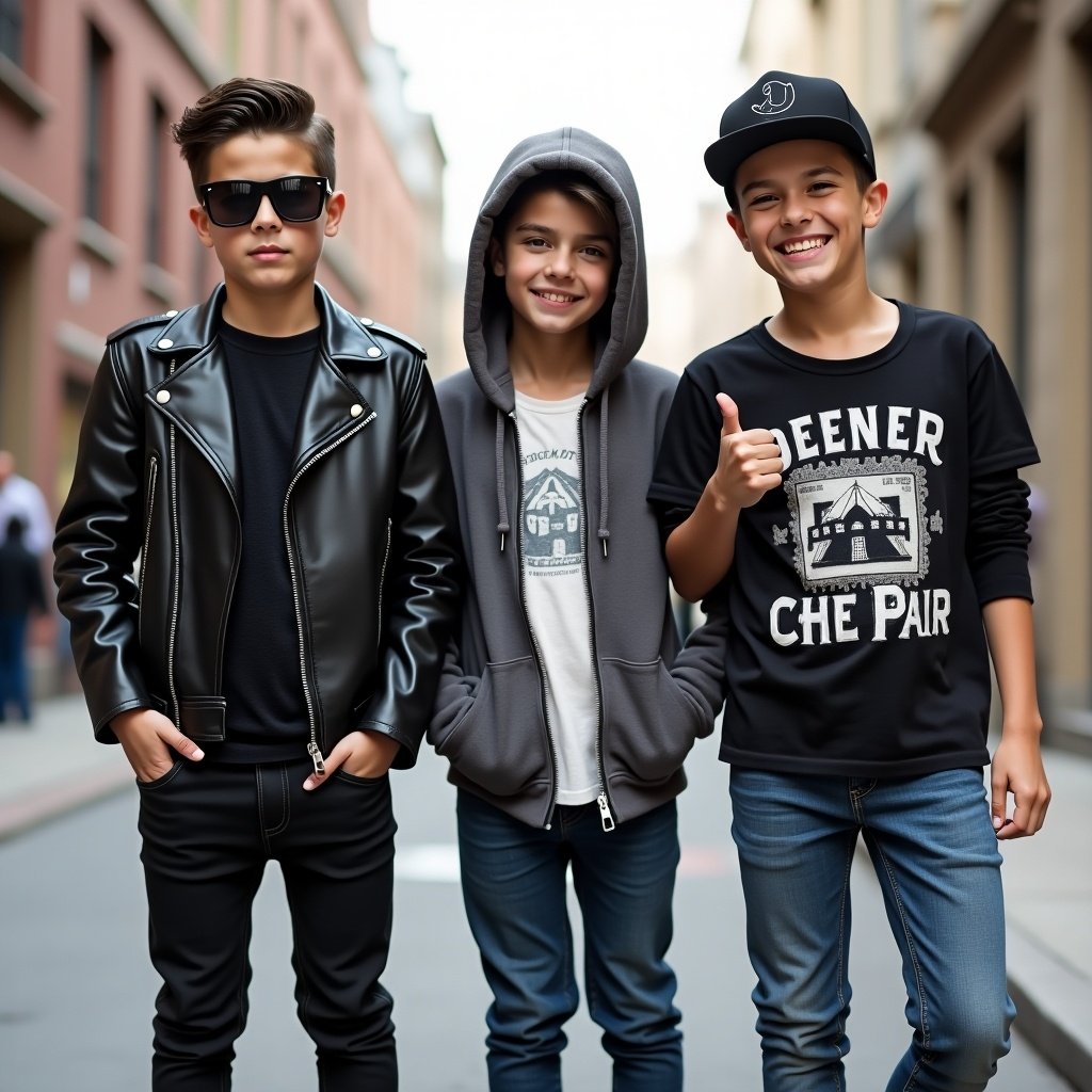 Three boys stand confidently in a street setting. They display stylish outfits with a relaxed demeanor, showcasing their individuality. The scene reflects a casual yet trendy vibe among youth. The backdrop features urban architecture, emphasizing a modern setting.