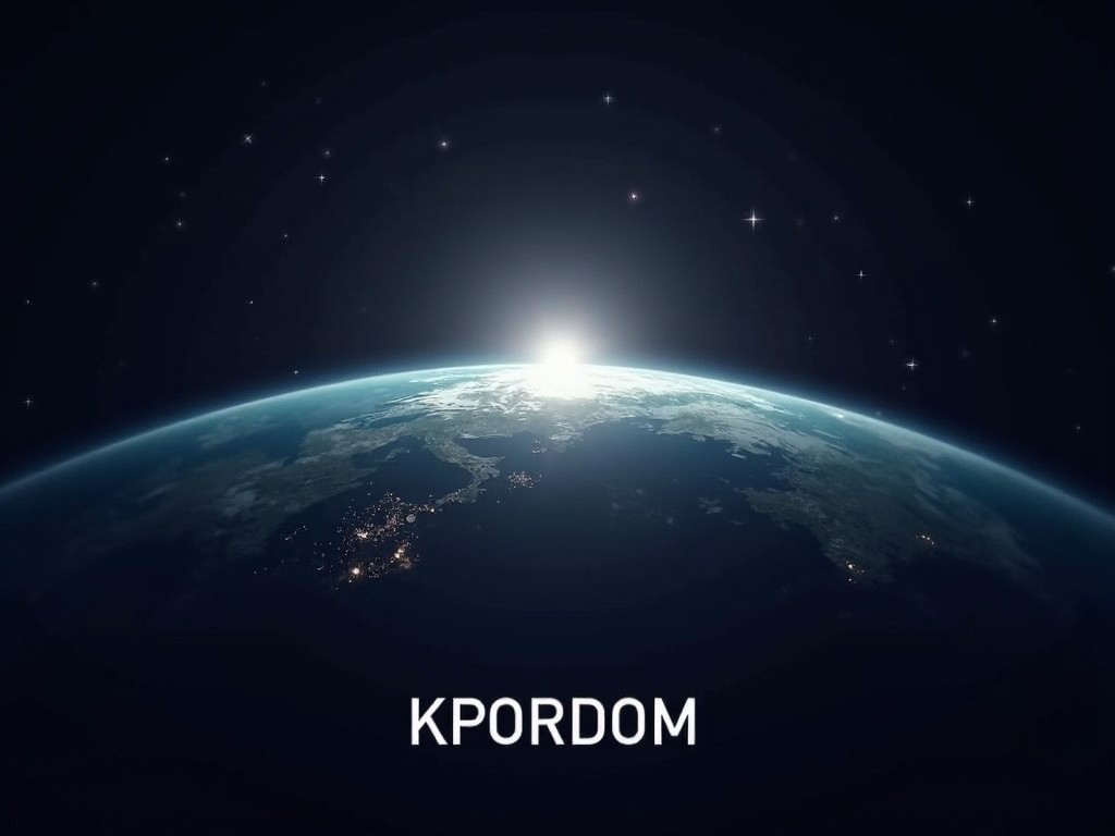 The image showcases a stylized view of Earth from space, emphasizing the beauty of our planet. The horizon shines brilliantly, creating a focal point that draws the viewer's attention. The background is dark, which enhances the brightness of the Earth. The word 'KPORDOM' is prominently displayed at the bottom, giving it a modern and sleek appearance. Subtle star particles are scattered throughout the backdrop, adding depth to the cosmic scene.