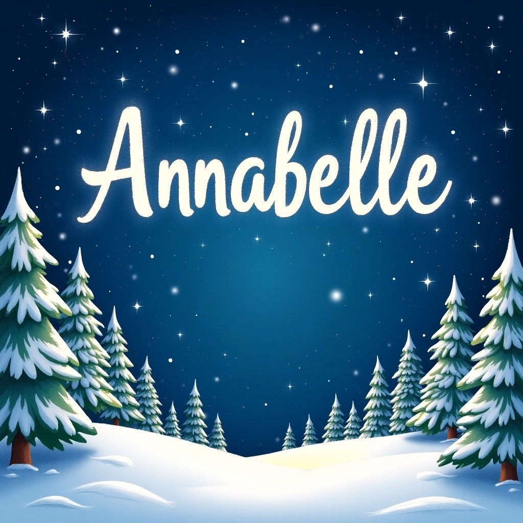 In a beautiful winter wonderland, the name 'Annabelle' is magically written in the sky by Santa. The background features a rich blue night sky filled with twinkling stars, creating a whimsical atmosphere. Surrounding the name are tall evergreen trees covered in snow, enhancing the magical feel. The white snow blankets the ground, making the scene look serene and inviting. This artwork captures the essence of holiday charm and personalization, appealing to both children and adults alike.