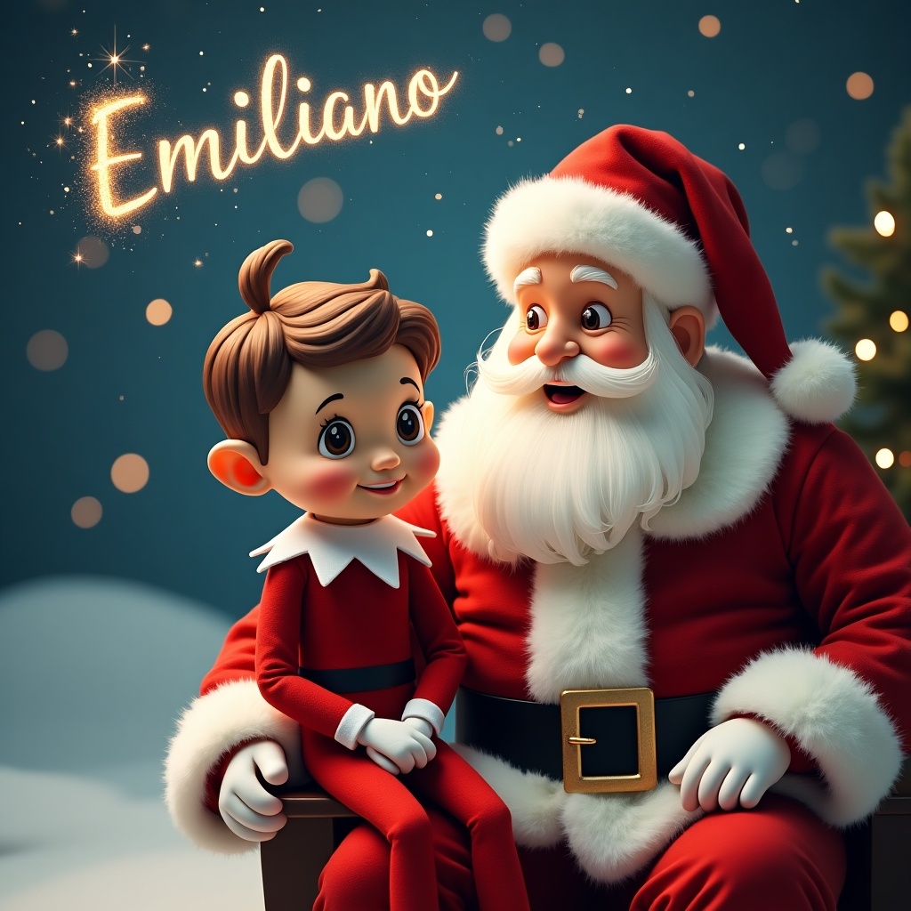 A boy Elf on the shelf with short brown hair and brown eyes. Sitting next to Santa Claus at the North Pole. Emiliano written in the sky with sparkles.