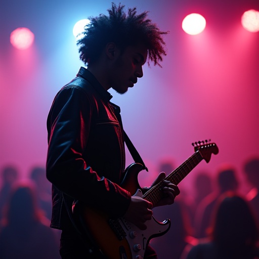 Biracial 20 year old shorter male plays electric guitar on stage. Curly black hair visible. Dressed in leather jacket. Close focus on guitar and performer. Engaged audience in backdrop. Colors and lighting create vibrant atmosphere.