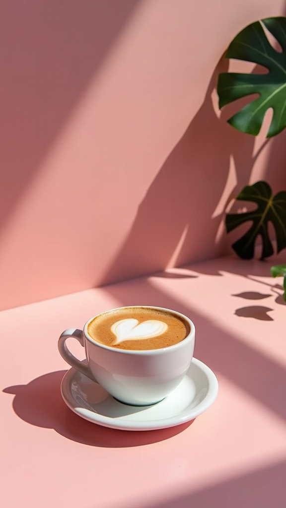 A cup of coffee with latte art sits on a pink surface, illuminated by sunlight and accompanied by tropical plant shadows.