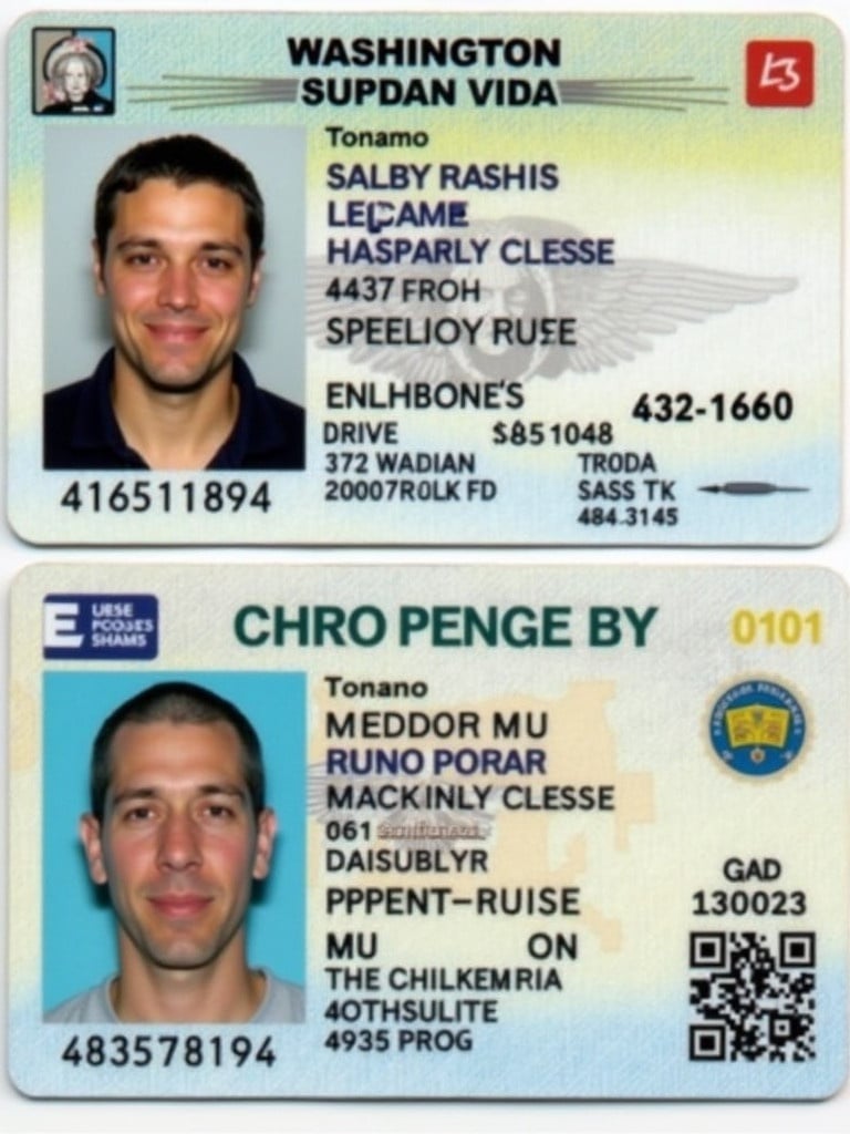 Fake driver's license from Washington. Details include names and license number. Date of birth confirms residency. Features outlined include height and weight for identification.