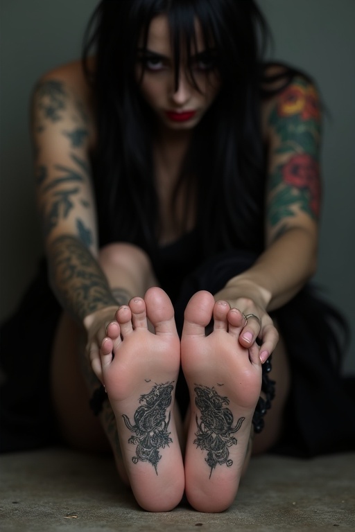 A mature goth woman has long black hair. Her feet are bare, revealing detailed tattoos on her soles. The image captures the artistic elements of body art. She is in a seated position with her legs extended. The background is simple to highlight the focal point.