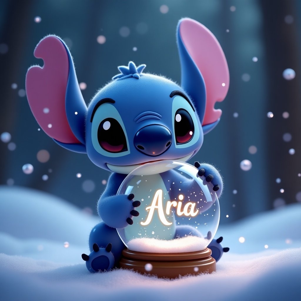 A cute character resembles Stitch from Disney. Character is holding a snow globe with name Aria. A wintery background with soft snow and gentle lighting.