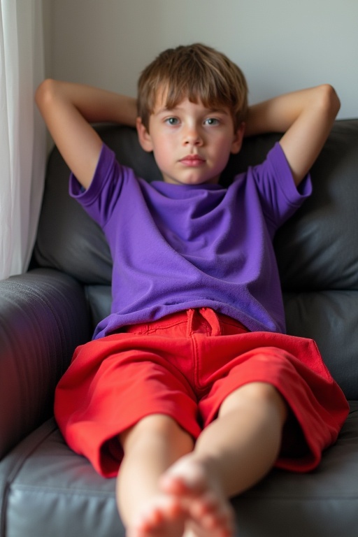 A 12 year old boy wearing bright purple shirt and baggy red shorts sits relaxed on a couch. His hands are behind his head. He is comfortable and at ease. The setting is well-lit and warm. The room has a cozy atmosphere.