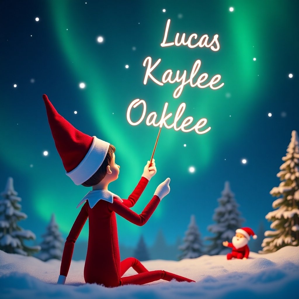 An Elf on the Shelf character is seen from behind, sitting in the snow. The elf is writing names in the sky with a magical wand. In the background, the Northern Lights paint the sky, complementing the festive atmosphere. A small Santa Claus figure can be seen nearby in the scene. The names 'Lucas', 'Kaylee', and 'Oaklee' shine brightly in the sky, adding to the enchanting Christmas setting. This image captures the joy and magic of the holiday season, ideal for children and festive decorations.