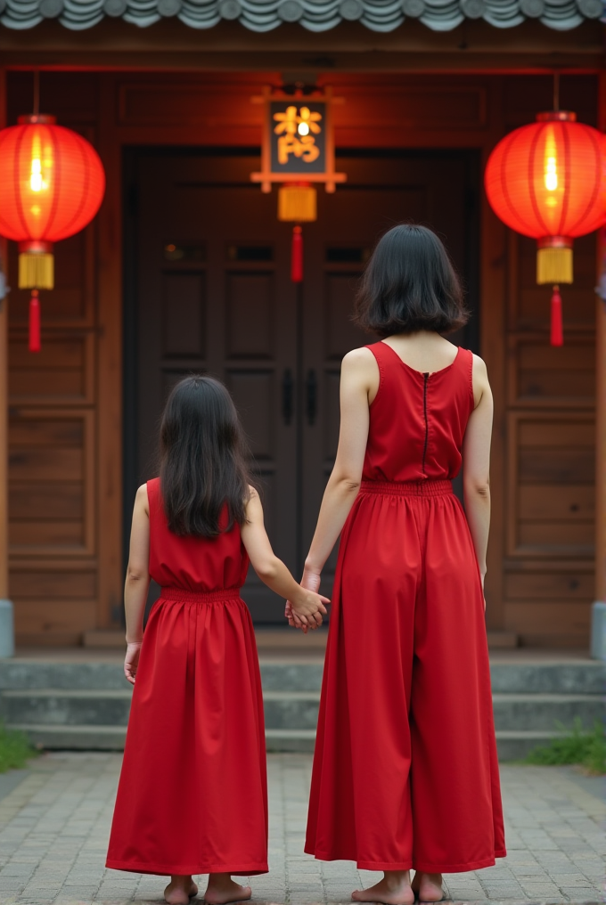 Two individuals in matching red outfits stand hand in hand, facing an ornately decorated door adorned with hanging red lanterns.