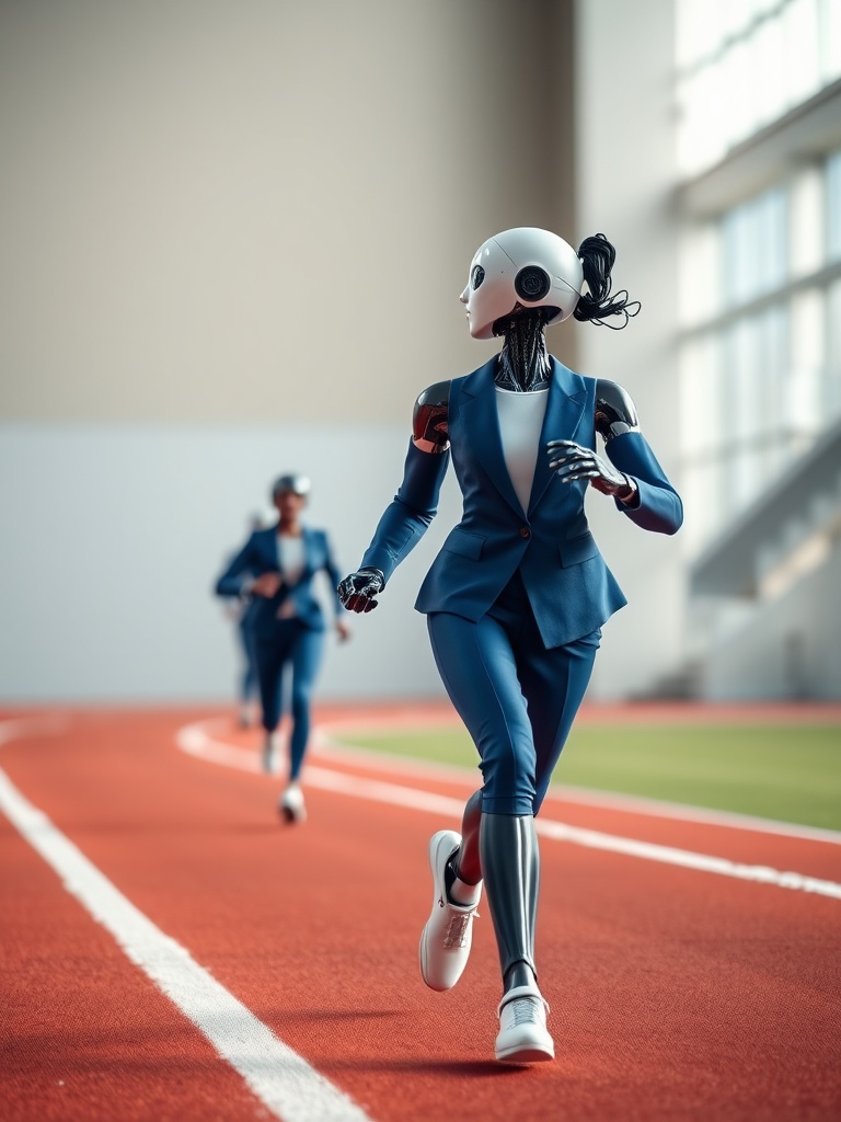 A futuristic scenario where humanoid robots in corporate attire are running on a track. The robots are designed with sleek, white, metallic faces and are dressed in blue business suits. The setting appears to be an indoor sports facility, showcasing the theme of competition and innovation.