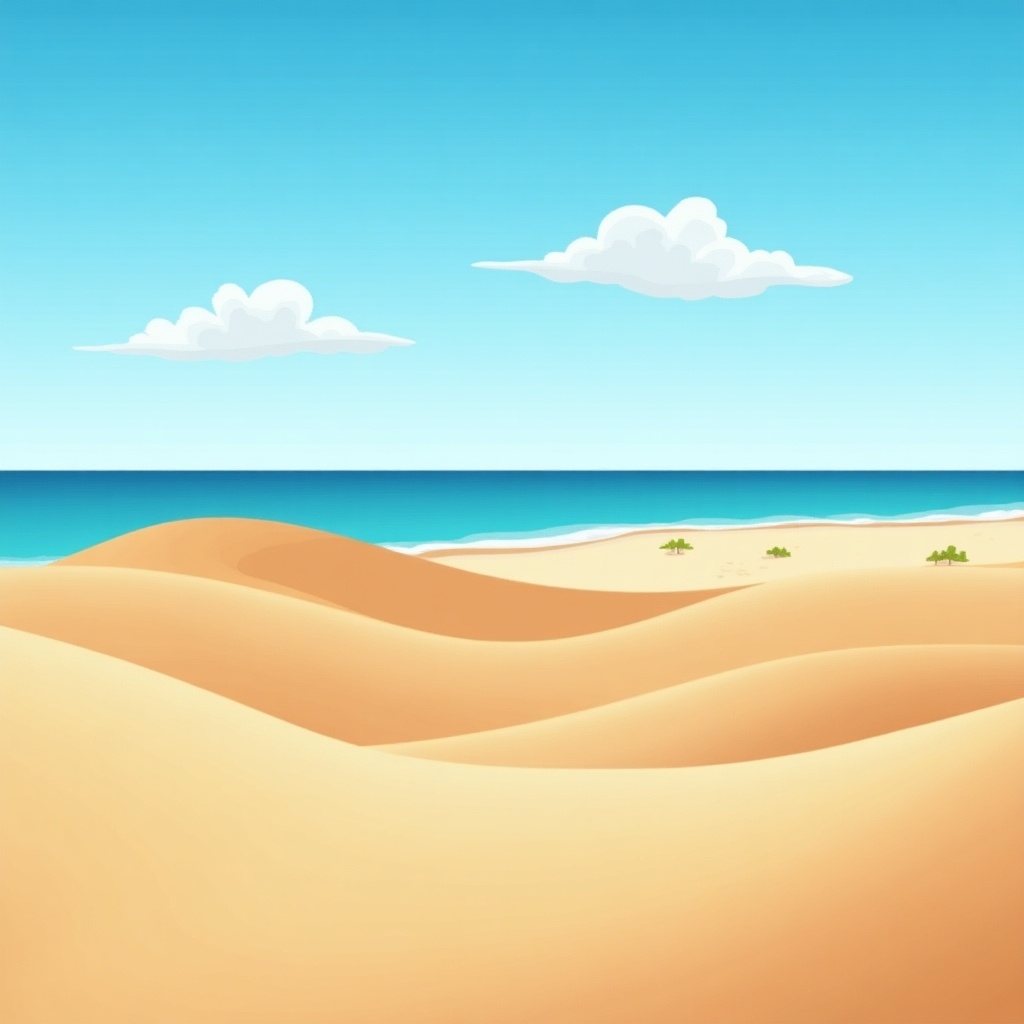 A serene desert landscape meets a beautiful sea shore under a clear blue sky. The golden sand dunes curve gracefully, creating a smooth texture. In the distance, the tranquil ocean merges with the horizon. A few small green plants are scattered across the sandy terrain. Soft, white clouds float lazily above, adding to the peaceful feeling of the scene.