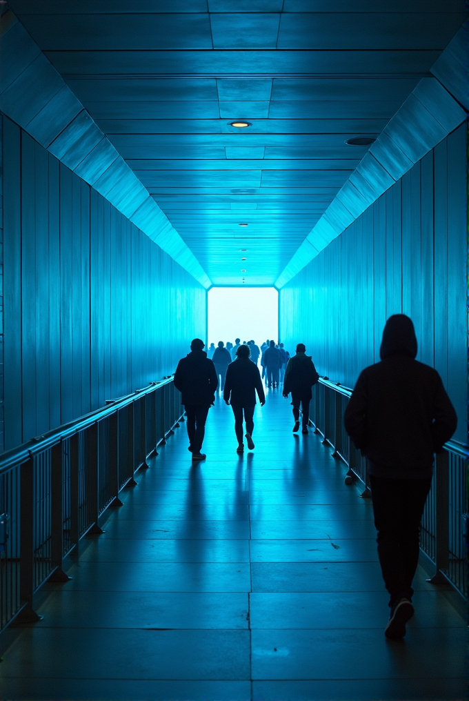 Silhouetted people walking through a long, blue-lit tunnel towards a bright exit.