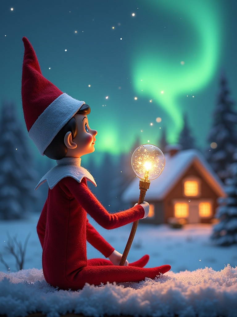 An elf sits on the ground gazing at colorful northern lights. The elf holds a glowing wand while a cozy house is visible in the background. Snow covers the ground. The scene is enchanting and embodies the magic of Christmas.