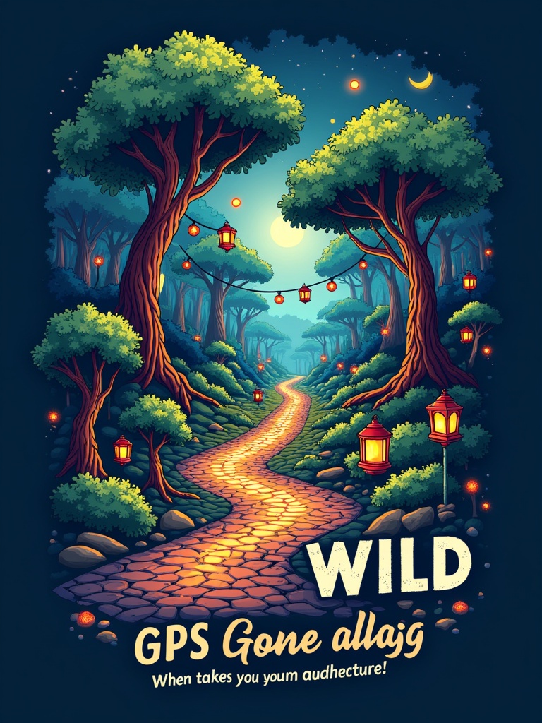 Design for a T-shirt featuring a GPS device. Display a winding path leading into a whimsical forest. Include vibrant colors and glowing lanterns. Add text stating GPS Gone Wild: When technology takes you on an adventure.