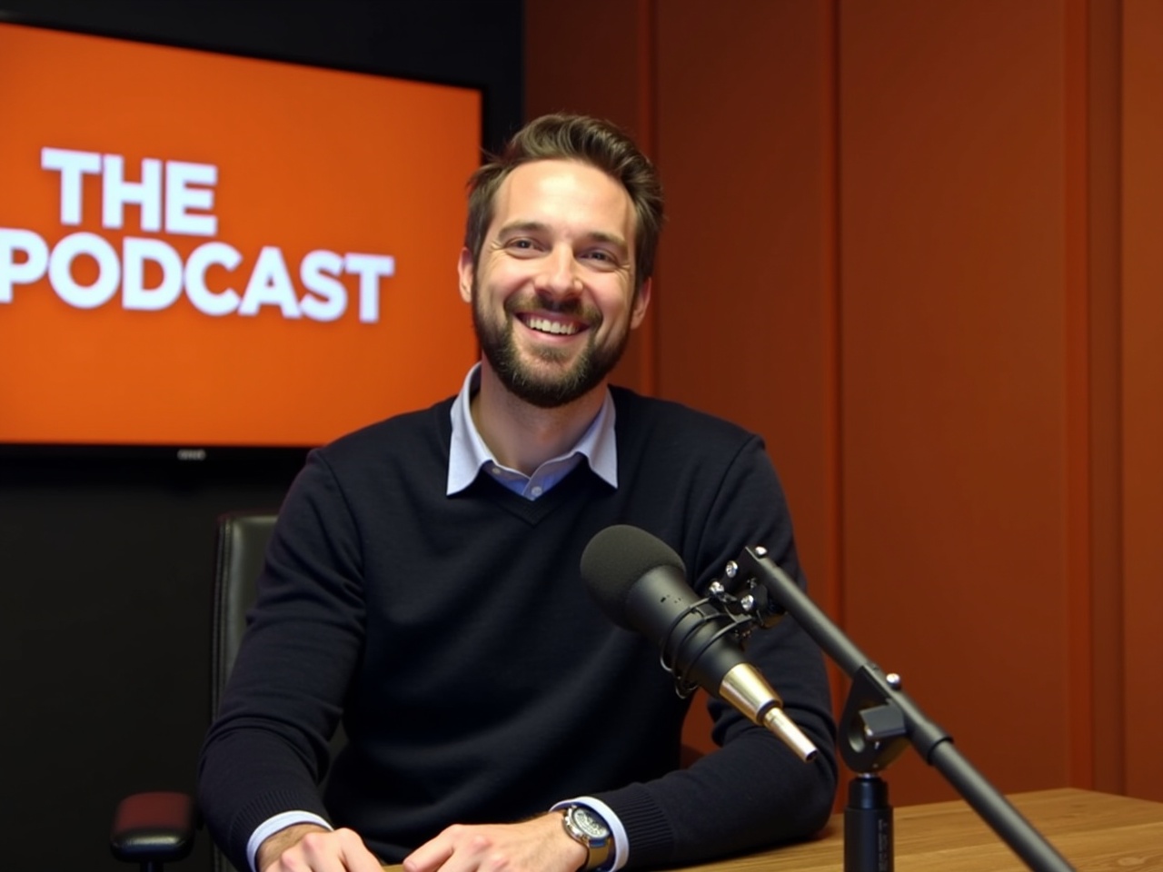 The image shows a man sitting in a podcast studio. He has a beard and is dressed in a dark sweater over a collared shirt. The background features orange soundproofing panels and a screen displaying the title 'THE PODCAST.' A microphone is positioned in front of him on the table. The atmosphere appears professional and inviting, designed for recording interviews or discussions. The man seems relaxed and is smiling, indicating a positive mood during the podcast recording.