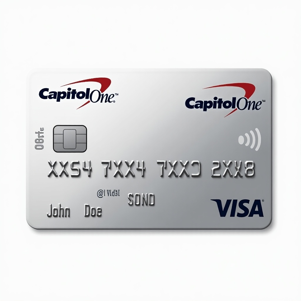 Visual representation of a Quicksilver credit card by Capitol One. Card is silver with various details. Features include a visible card number format and a VISA logo. Generic names and details used for demonstration only.