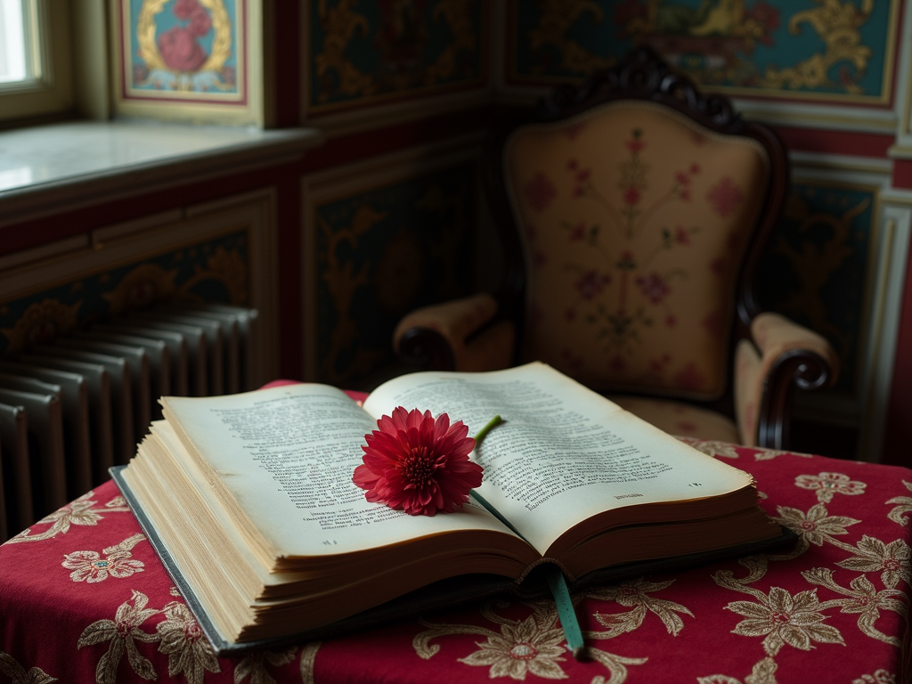 An open book with a red flower lies on a richly decorated tablecloth beside an ornate chair in an elegant, opulently furnished room.