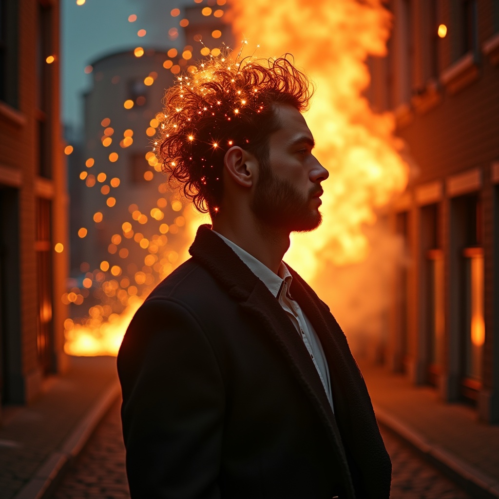 Portrait of an Irish man with curly hair illuminated by flames behind him. The scene captures the essence of fire and creativity. The focus is on the man's profile against a fiery backdrop.