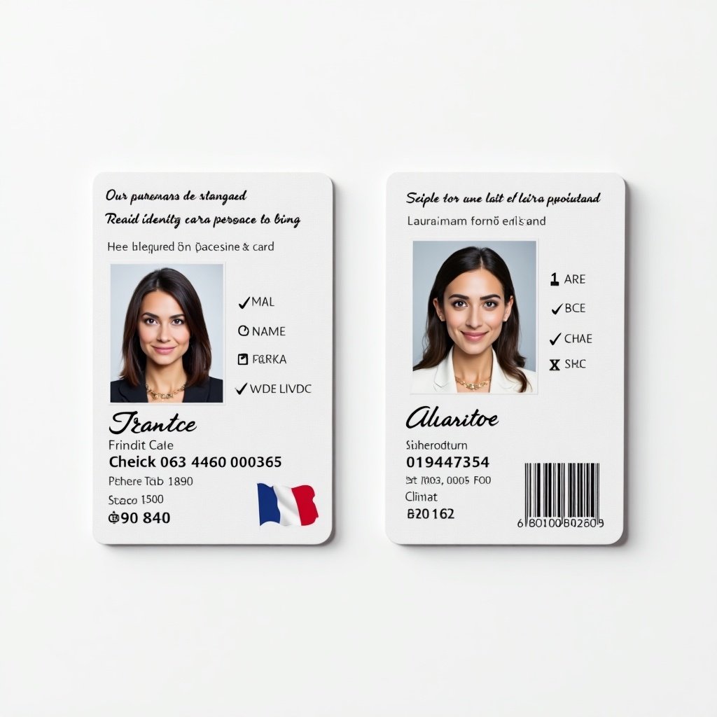 French identity card concept. Valid new version shown on both sides. Includes fictional personal details. High-quality design elements. Neutral background.